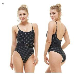 ⭐One Piece Swimsuit Womens Size XL Dot Retro Black Nicole Seamless Belted New⭐